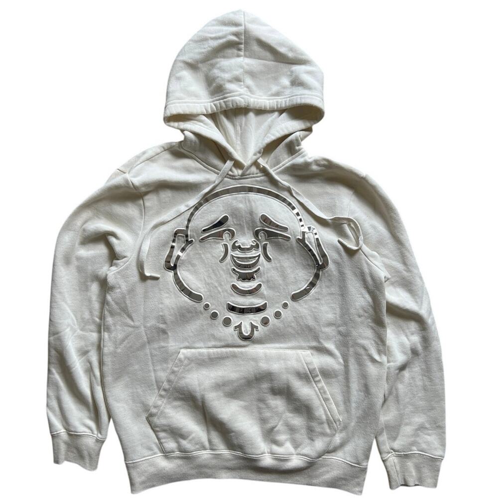 True Religion Y2K Buddha Hoodie Sweatshirt Small White Cotton Blend